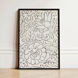 Black & White Florals - Taguchi Tomoki Woodblock Print / Canvas Black-framed Artwork Intricate Line-drawn Floral Patterns Cream, Vintage