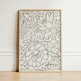 Black & White Florals - Taguchi Tomoki Woodblock Print / Canvas Framed Black-and-white Floral Artwork Intricate Line Drawings Lotus,