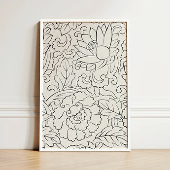 Black & White Florals - Taguchi Tomoki Woodblock Print / Canvas Framed Black-and-white Floral Artwork Intricate Line Drawings Lotus,