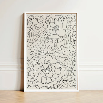 Black & White Florals - Taguchi Tomoki Woodblock Print / Canvas Framed Black-and-white Floral Artwork Intricate Line Drawings Lotus,