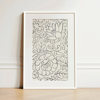 Black & White Florals - Taguchi Tomoki Woodblock Print / Canvas White-framed Artwork Intricate Black Line Drawings Floral Leaf Taguchi