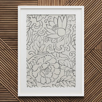 Black & White Florals - Taguchi Tomoki Woodblock Print / Canvas White-framed Artwork Intricate Line Drawings Floral Motifs, Vintage