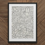 Black & White Florals - Taguchi Tomoki Woodblock Print / Canvas Black-framed Artwork Intricate Line Drawings Lotus Peony, Vintage Japanese,