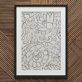 Black & White Florals - Taguchi Tomoki Woodblock Print / Canvas Black-framed Artwork Intricate Line Drawings Lotus Peony, Vintage Japanese,