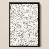 Black & White Florals - Taguchi Tomoki Woodblock Print / Canvas Black-framed Decorative Wall Art Intricate Line-drawn Floral Patterns