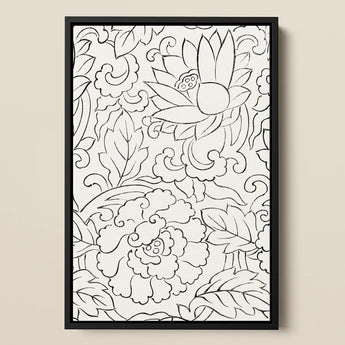 Black & White Florals - Taguchi Tomoki Woodblock Print / Canvas Black-framed Decorative Wall Art Intricate Line-drawn Floral Patterns
