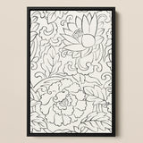 Black & White Florals - Taguchi Tomoki Woodblock Print / Canvas Black-framed Decorative Wall Art Intricate Line-drawn Floral Patterns,