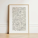 Black & White Florals - Taguchi Tomoki Woodblock Print / Canvas Framed Black-and-white Floral Line Art Light Wood, Vintage Japanese, Prints