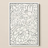 Black & White Florals - Taguchi Tomoki Woodblock Print / Canvas Framed Black-and-white Line Art Intricate Floral Leaf, Vintage Japanese,