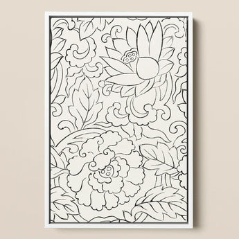 Black & White Florals - Taguchi Tomoki Woodblock Print / Canvas Framed Black-and-white Line Art Intricate Floral Leaf, Vintage Japanese,