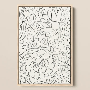 Black & White Florals - Taguchi Tomoki Woodblock Print / Canvas Framed Black-and-white Line Art Print Intricate Floral Leaf Taguchi Tomoki,