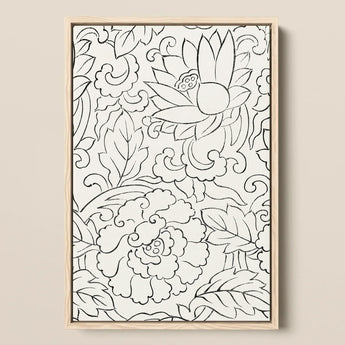 Black & White Florals - Taguchi Tomoki Woodblock Print / Canvas Framed Black-and-white Line Art Intricate Floral Leaf, Vintage Japanese,