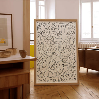 Black & White Florals - Taguchi Tomoki Woodblock Print / Canvas Framed Line Floral Leaf Patterns, Vintage Japanese, Prints