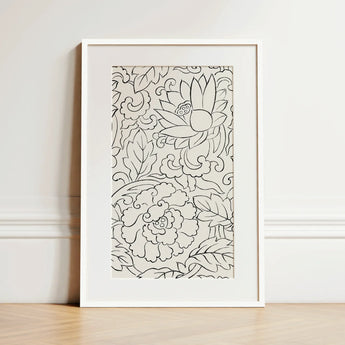 Black & White Florals - Taguchi Tomoki Woodblock Print / Canvas, Taguchi Tomoki, Vintage Japanese Woodblock, White Floral Woodblock Print