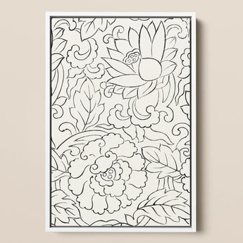 Black & White Florals - Taguchi Tomoki Woodblock Print / Canvas, Taguchi Tomoki, Vintage Japanese Woodblock, White Floral Woodblock Print