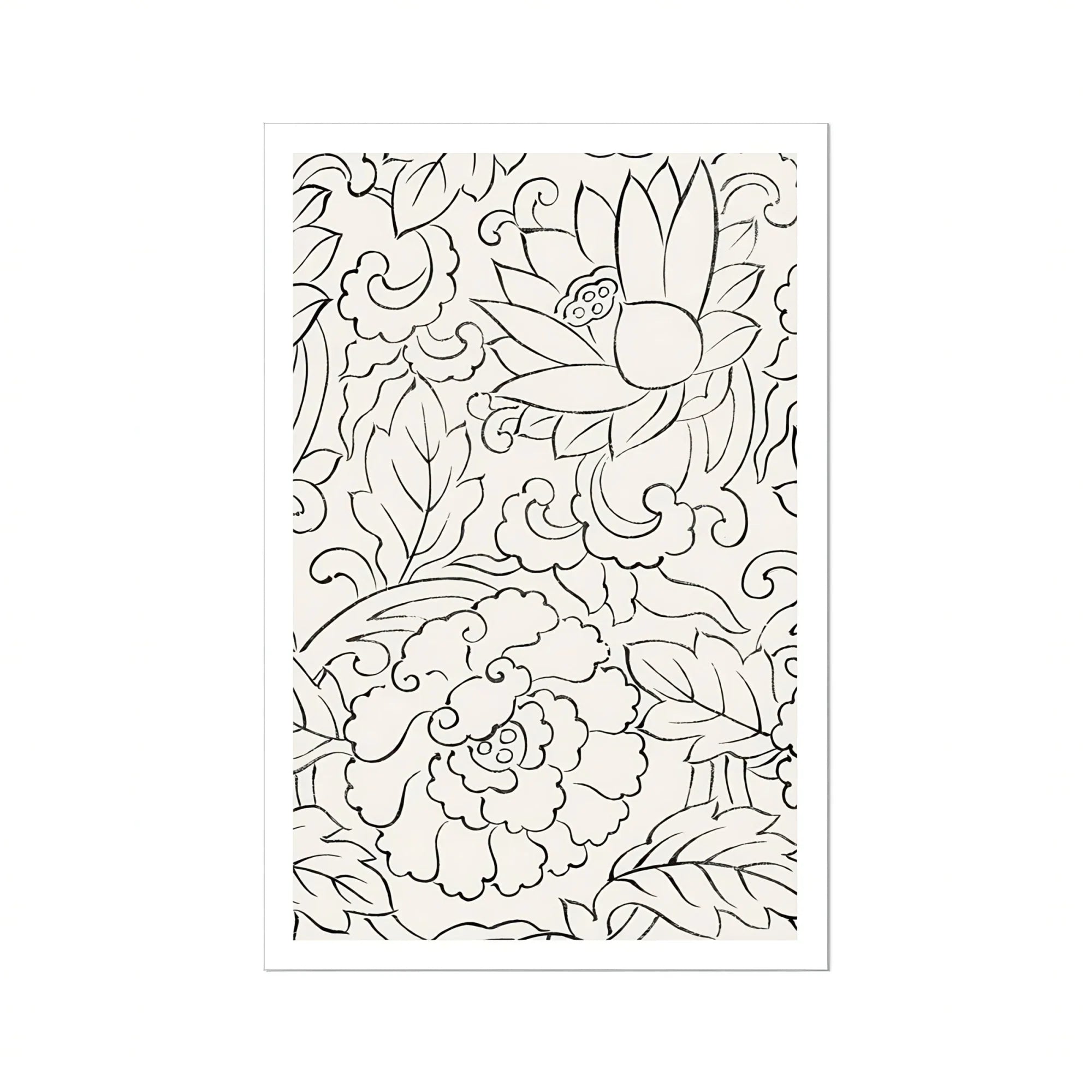 Black & White Florals - Taguchi Tomoki Woodblock Print, Black White Floral Pattern Curved Leaves Flowers