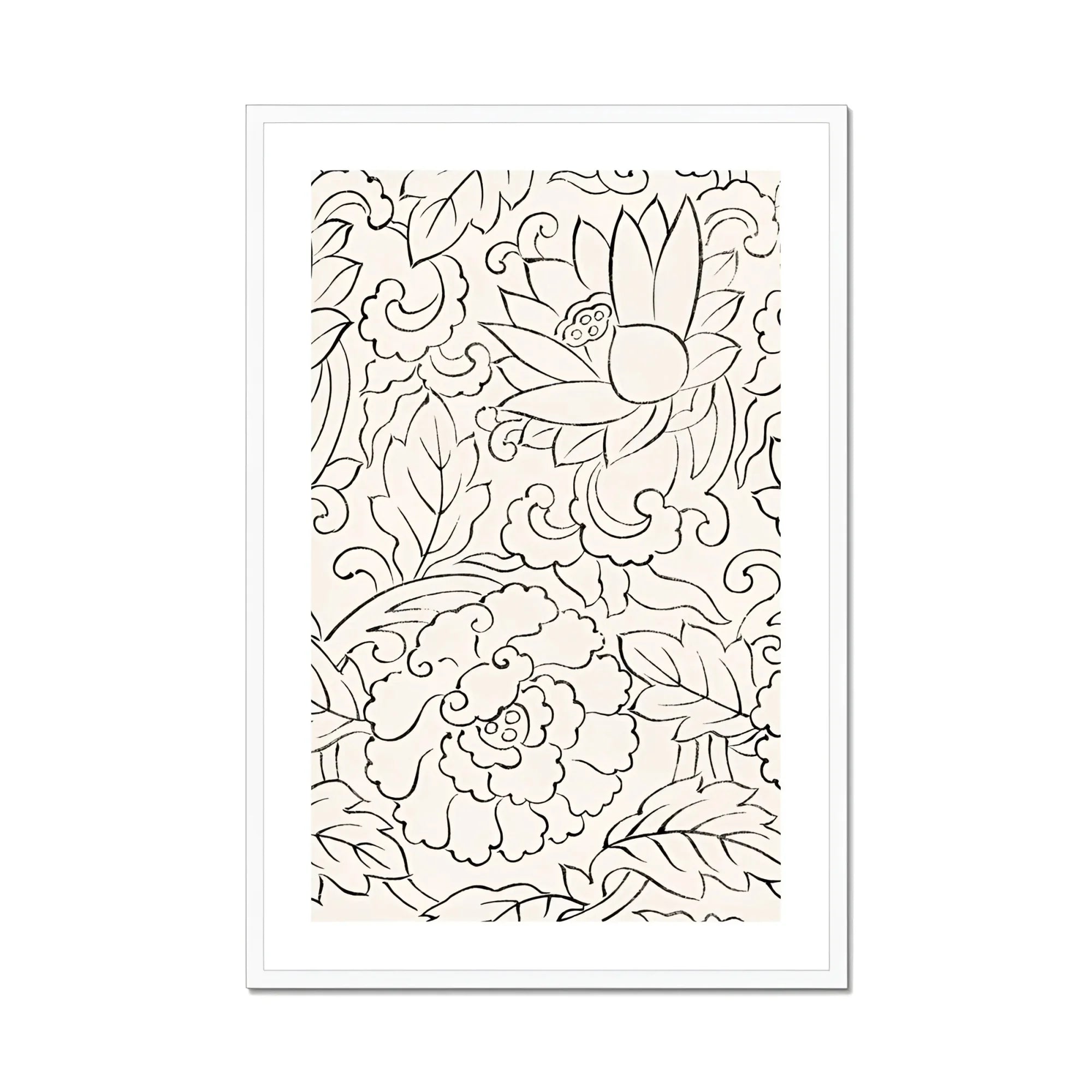 Black & White Florals - Taguchi Tomoki Woodblock Print, Black White Line Floral Leaf Patterns Decorative Design