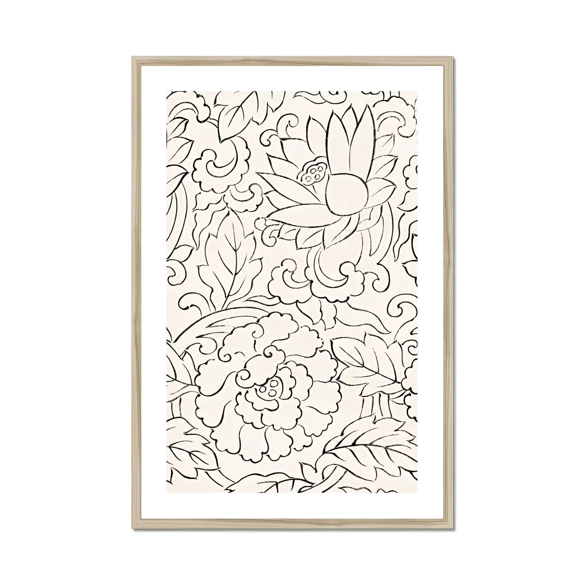 Black & White Florals - Taguchi Tomoki Woodblock Print, Black White Line Floral Leaf Patterns Decorative Frame