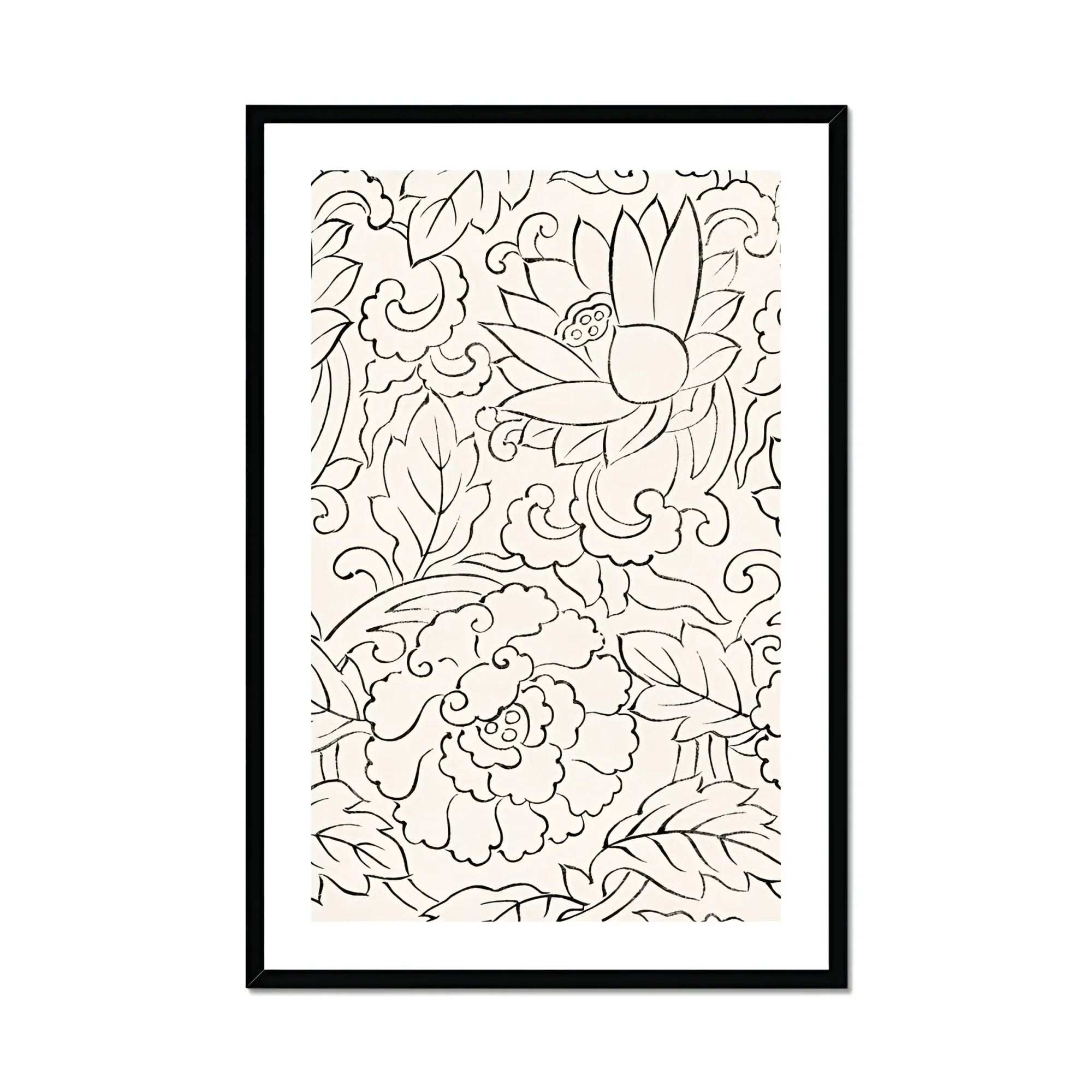 Black & White Florals - Taguchi Tomoki Woodblock Print, Black White Line Floral Leaf Patterns Decorative Style