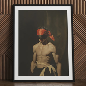 Blackout - Vintage 19th Century Gay Fetishism Art Print / Canvas Black Framed Poster Red Blindfolded Man Design, Skin Catching Light Prints