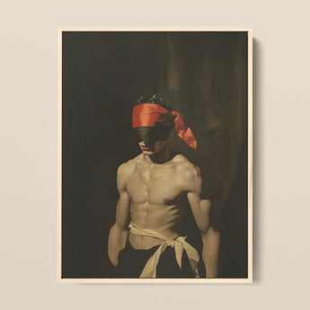 Blackout - Vintage 19th Century Gay Fetishism Art Print / Canvas Framed Artwork Muscular Man Orange Bandana Eyes Light-colored, Skin