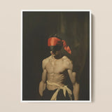 Blackout - Vintage 19th Century Gay Fetishism Art Print / Canvas Framed Artwork Muscular Man Orange Headscarf Beige Sash, Skin Catching