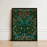 Framed Artwork Symmetrical Intricate Floral Design Vibrant Teal William Morris Florals, Hawthorn Emerges, British Flora