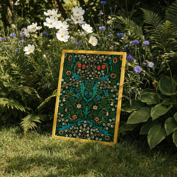 Blackthorn Hawthorn - William Morris Florals Art Print / Canvas Framed Artwork Vibrant Intricate Floral Bird Design Teal, Emerges, British