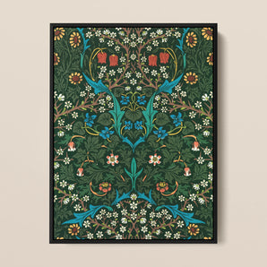 Blackthorn Hawthorn - William Morris Pattern Framed Canvas, Ornate Floral Botanical Pattern Symmetrical Design Rich Green