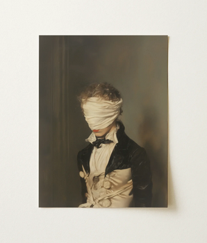Framed Portrait Print Man Formal Attire Eyes Covered Dark Academia Bdsm, Champagne-cream Satin Catches, Low, Light, Victorian Gentleman’s,
