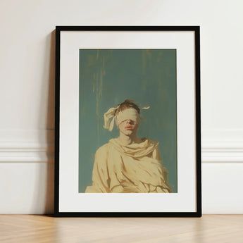 Blind Faith - Neoclassical Gay Saint Art Print / Canvas Black-framed Muted Teal Background Ethereal Figure, Blindfolded, Hovers Prints