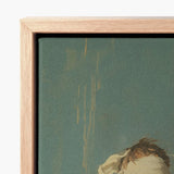 Framed Canvas Print Teal Background Subtle Gold Brushstrokes Neoclassical Gay Saint, Blindfolded, Hovers