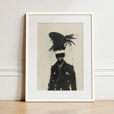 Blindside - Black Trans Fashion Surrealism Art Print / Canvas Feathered Hat White Band Worn Figure Coat, Expressionist Sweeps, Prints