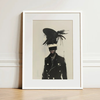 Blindside - Black Trans Fashion Surrealism Art Print / Canvas Feathered Hat White Band Worn Figure Coat, Expressionist Sweeps, Prints