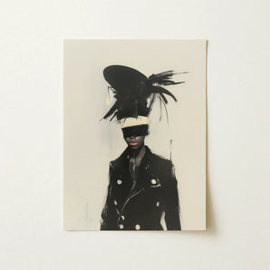 Blindside - Black Trans Fashion Surrealism Art Print / Canvas Feathered Hat White Band Worn Figure Double-breasted, Expressionist Sweeps,
