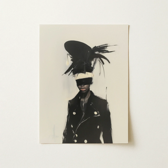 Blindside - Black Trans Fashion Surrealism Art Print / Canvas Black Feathered Hat White Band Worn Figure Double-breasted Trans Fashion
