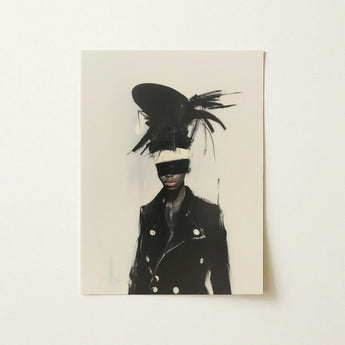 Blindside - Black Trans Fashion Surrealism Art Print / Canvas Feathered Hat White Band Worn Figure Double-breasted, Expressionist Sweeps,