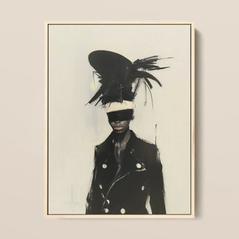 Blindside - Black Trans Fashion Surrealism Art Print / Canvas Feathered Headpiece White Band Worn Figure Coat, Expressionist Sweeps, Prints