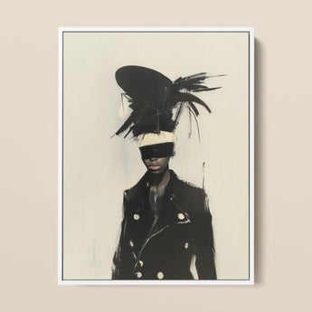 Blindside - Black Trans Fashion Surrealism Art Print / Canvas Feathered Headpiece White Band Worn Model Double-breasted, Expressionist