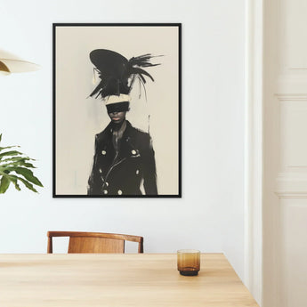 Blindside - Black Trans Fashion Surrealism Art Print / Canvas Black-framed Artwork Stylized Portrait Figure Bold Feathered Hat Trans