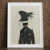 Blindside - Black Trans Fashion Surrealism Art Print / Canvas Framed Black-and-white Artwork Figure Bold Feathered Headpiece Dark,