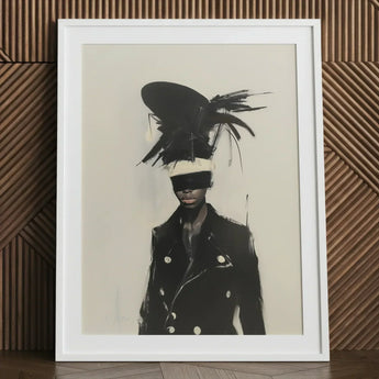Blindside - Black Trans Fashion Surrealism Art Print / Canvas Framed Black-and-white Artwork Figure Bold Feathered Headpiece Dark,