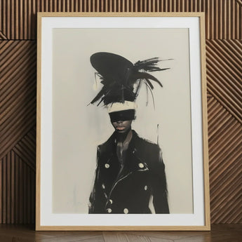 Blindside - Black Trans Fashion Surrealism Art Print / Canvas Framed Black-and-white Art Print Figure Bold Feathered Hat Trans Fashion