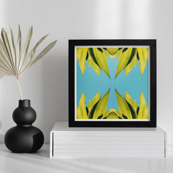 In Bloom - Modern Succulent Photography Art Print / Canvas Framed Abstract Artwork Yellow Shapes Blue Background Avant-garde, Trippy,