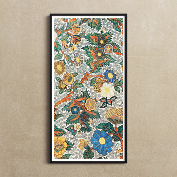 Blossomewhere - Antique Japanese Tapestry Art Print / Canvas Framed Colorful Floral Intricate Patterns Flowers Leaves, Prints