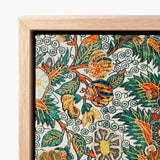 Vibrant Intricately Embroidered Textile Lush Green Leaves Orange Blossomewhere Art Print, Japanese Tapestry, Antique
