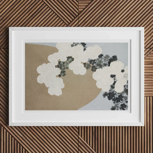 Blossoms - Kamisaka Sekka Art Print / Canvas Abstract Painting Textured White Black Floral Forms Muted, Chrysanthemums Arches, Breath