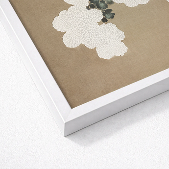 White Framed Artwork Delicate Lace-like Floral Patterns Textured Kamisaka Sekka Art, Chrysanthemums Arches, Breath Caught Mid-season