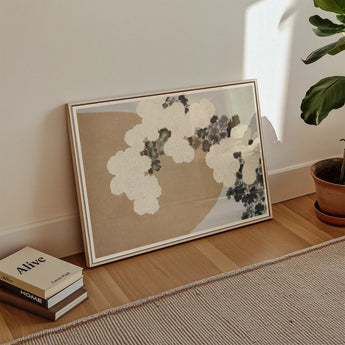 Blossoms - Kamisaka Sekka Art Print / Canvas Minimalist Framed Abstract Artwork Soft Beige Charcoal Tones, White Chrysanthemums Arches,