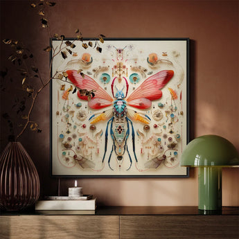 Blue Ball Damselfly - Alien Species Taxonomy Art Print / Canvas Vibrant Intricately Detailed Mixed-media Artwork Central Insect Red,